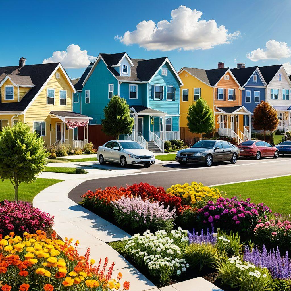 A serene neighborhood showcasing a variety of HUD housing styles, with vibrant gardens and smiling families in the foreground. In the background, a sunny sky with clouds symbolizes hope and support, while subtle icons represent subsidized programs like housing assistance and community support. Emphasize a warm and inviting atmosphere. super-realistic. vibrant colors. 3D.