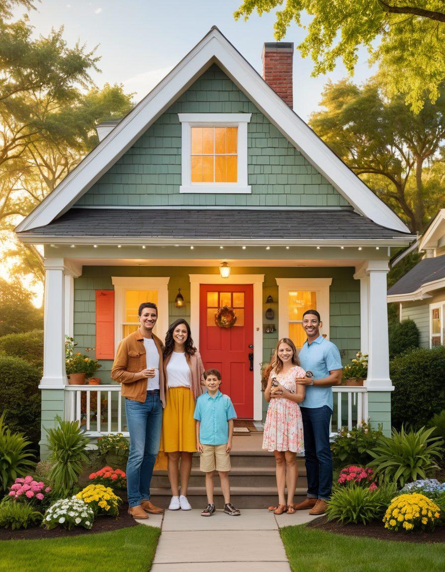 A cheerful family standing outside a cozy, affordable house, with a bright keyhole symbol glowing in the sunlight to represent unlocking joy. Include elements of financial aid like stacks of coins and an open wallet, surrounded by vibrant greenery and flowers. The atmosphere should be welcoming and hopeful, conveying the message of accessibility and happiness in affordable living. super-realistic. vibrant colors. warm tones.